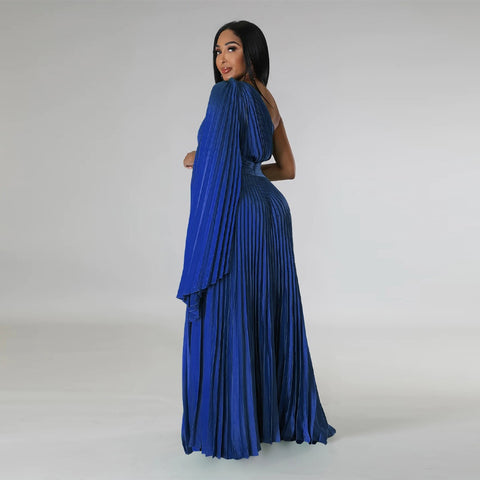 Sexy One Shoulder Clock Sleeve Sashes High Waist Big Swing Pleated Maxi Long Dress CODE: KAR1880