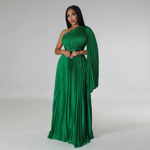 Sexy One Shoulder Clock Sleeve Sashes High Waist Big Swing Pleated Maxi Long Dress CODE: KAR1880