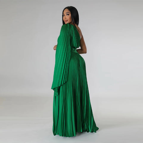 Sexy One Shoulder Clock Sleeve Sashes High Waist Big Swing Pleated Maxi Long Dress CODE: KAR1880