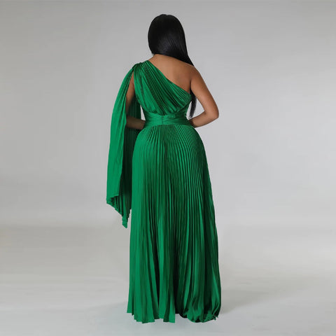 Sexy One Shoulder Clock Sleeve Sashes High Waist Big Swing Pleated Maxi Long Dress CODE: KAR1880