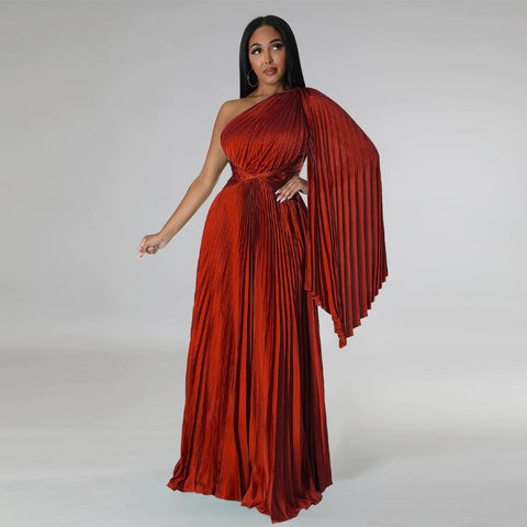 Sexy One Shoulder Clock Sleeve Sashes High Waist Big Swing Pleated Maxi Long Dress CODE: KAR1880