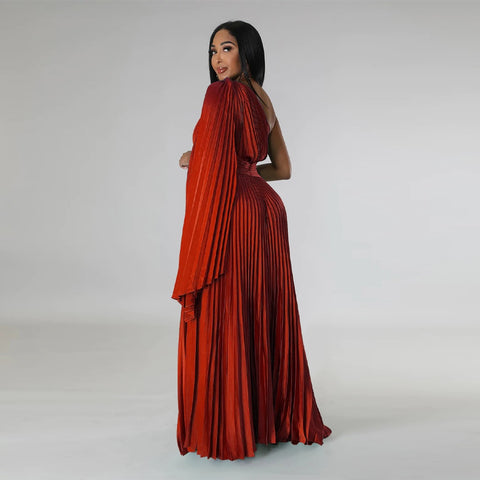 Sexy One Shoulder Clock Sleeve Sashes High Waist Big Swing Pleated Maxi Long Dress CODE: KAR1880