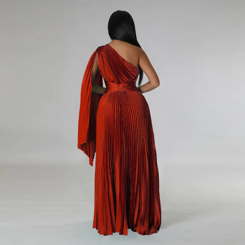 Sexy One Shoulder Clock Sleeve Sashes High Waist Big Swing Pleated Maxi Long Dress CODE: KAR1880