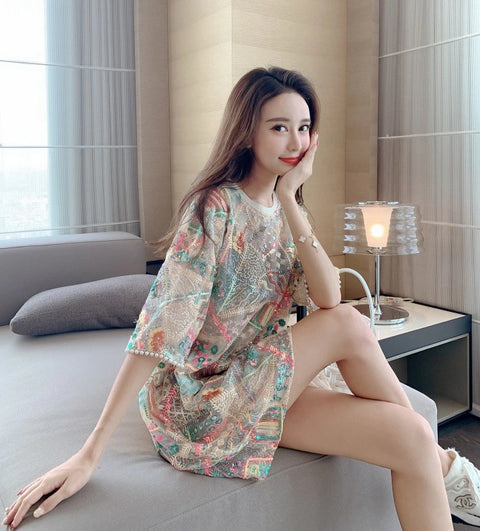 Summer Fashion Lace Loose Oversize Sexy Short Sleeve Sequined Embroidery Mesh Long Top CODE: KAR1886