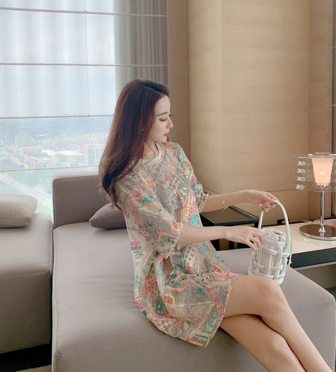 Summer Fashion Lace Loose Oversize Sexy Short Sleeve Sequined Embroidery Mesh Long Top CODE: KAR1886