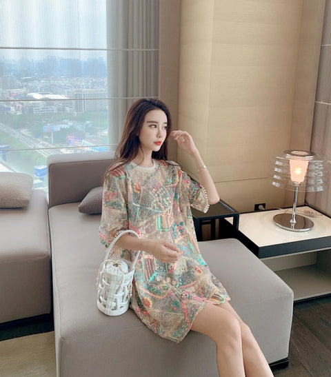 Summer Fashion Lace Loose Oversize Sexy Short Sleeve Sequined Embroidery Mesh Long Top CODE: KAR1886