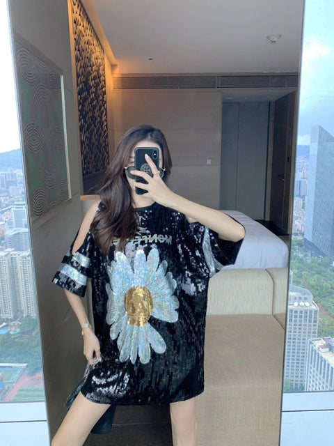 Summer Off The Shoulder Patchwork Short Sleeve Sequin Loose Round Neck High Quality Flower T-Shirt CODE: KAR1888