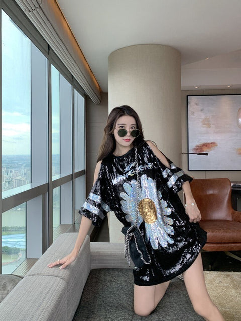 Summer Off The Shoulder Patchwork Short Sleeve Sequin Loose Round Neck High Quality Flower T-Shirt CODE: KAR1888