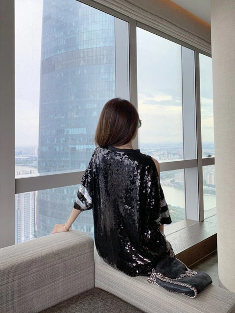 Summer Off The Shoulder Patchwork Short Sleeve Sequin Loose Round Neck High Quality Flower T-Shirt CODE: KAR1888