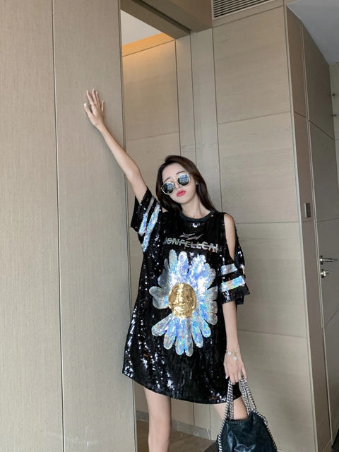 Summer Off The Shoulder Patchwork Short Sleeve Sequin Loose Round Neck High Quality Flower T-Shirt CODE: KAR1888