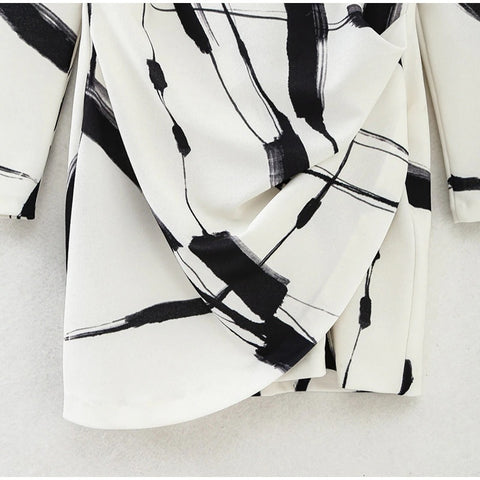 Graffiti Print Pleats V Neck Long Sleeve Back Zipper  Bodycon Dress CODE: KAR1892