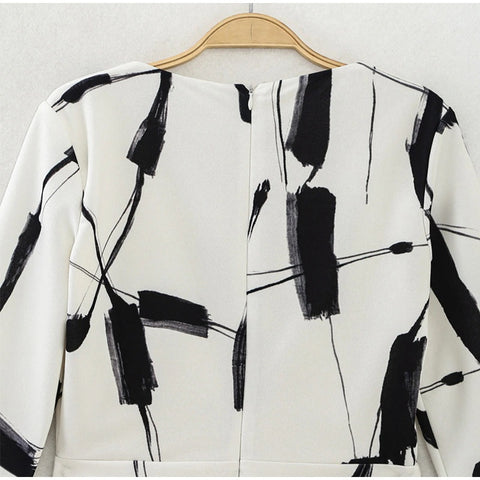 Graffiti Print Pleats V Neck Long Sleeve Back Zipper  Bodycon Dress CODE: KAR1892