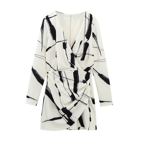 Graffiti Print Pleats V Neck Long Sleeve Back Zipper  Bodycon Dress CODE: KAR1892