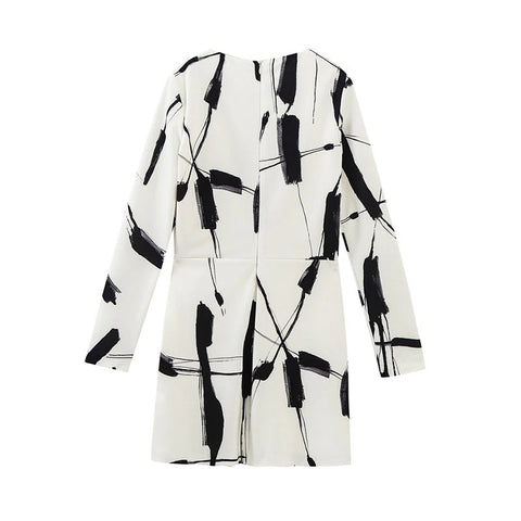 Graffiti Print Pleats V Neck Long Sleeve Back Zipper  Bodycon Dress CODE: KAR1892