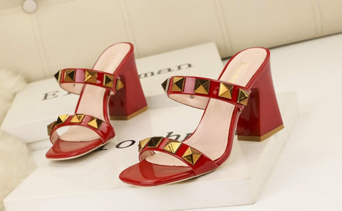 sexy banquet high, square toe, open-toe studs, flat band block heel CODE: KAR1909