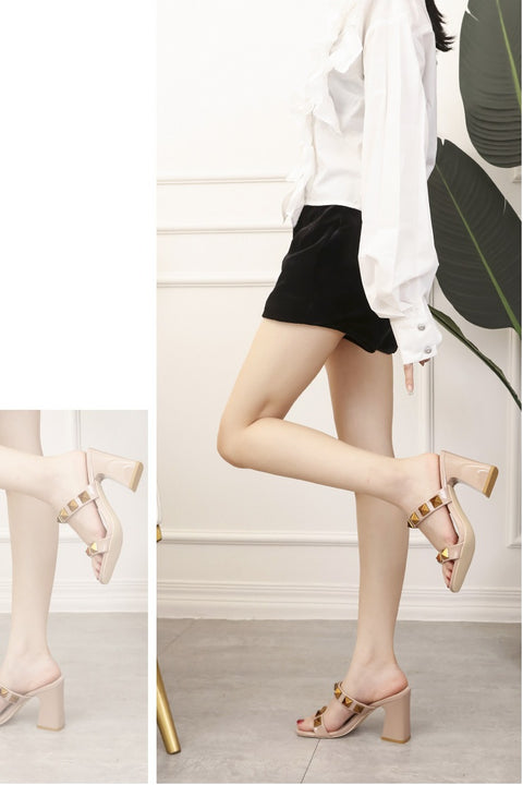 sexy banquet high, square toe, open-toe studs, flat band block heel CODE: KAR1909
