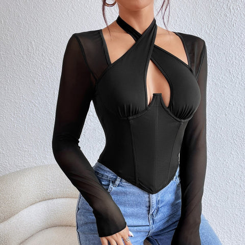 Sexy Mesh Autumn Bodycon Slim Halter Design Solid Long Sleeve Top CODE: KAR1918