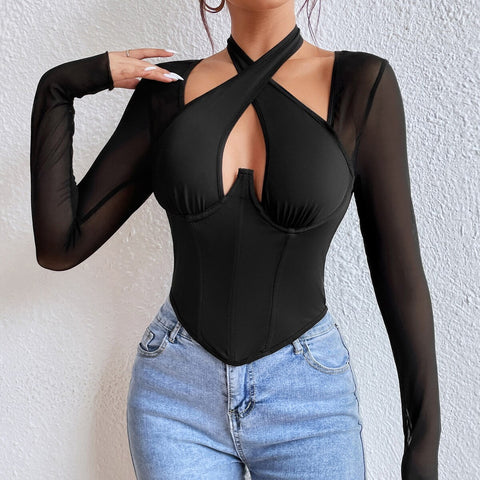 Sexy Mesh Autumn Bodycon Slim Halter Design Solid Long Sleeve Top CODE: KAR1918