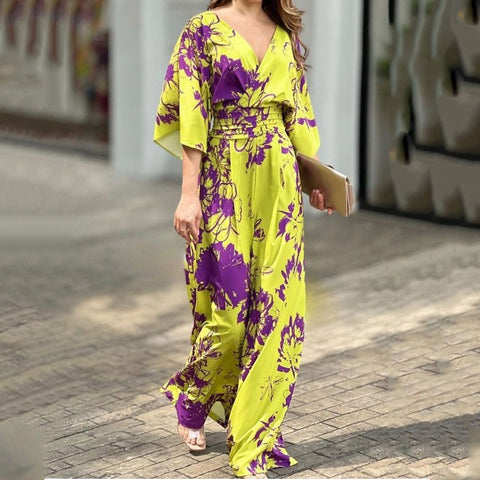 New Floral Flower Casual Overall Wide Leg Pant Half Sleeve V Neck High Waist Loose Jumpsuit CODE: KAR1927