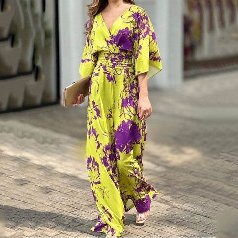 New Floral Flower Casual Overall Wide Leg Pant Half Sleeve V Neck High Waist Loose Jumpsuit CODE: KAR1927