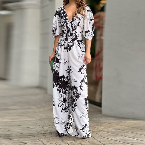 New Floral Flower Casual Overall Wide Leg Pant Half Sleeve V Neck High Waist Loose Jumpsuit CODE: KAR1927