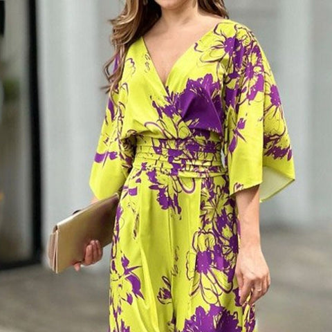 New Floral Flower Casual Overall Wide Leg Pant Half Sleeve V Neck High Waist Loose Jumpsuit CODE: KAR1927