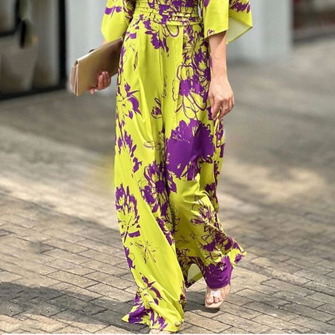 New Floral Flower Casual Overall Wide Leg Pant Half Sleeve V Neck High Waist Loose Jumpsuit CODE: KAR1927