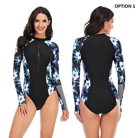 Long Sleeve And Low Collar One Piece Surfing Swimsuit  CODE: KAR938