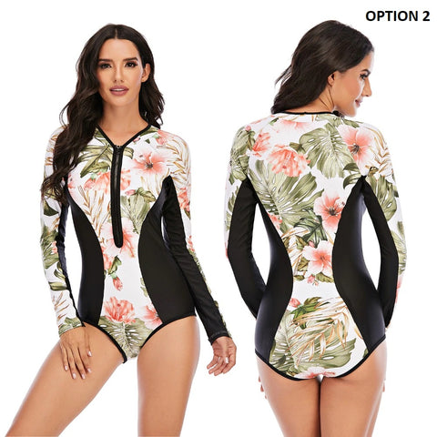 Long Sleeve And Low Collar One Piece Surfing Swimsuit  CODE: KAR938