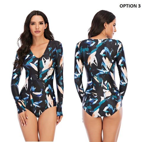 Long Sleeve And Low Collar One Piece Surfing Swimsuit  CODE: KAR938