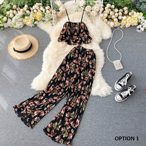 Floral Wide Pants With Spaghetti Crop Top CODE: KAR949
