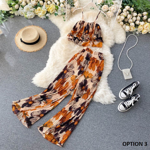 Floral Wide Pants With Spaghetti Crop Top CODE: KAR949