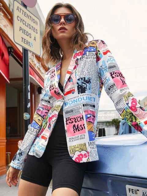 Newspaper printed  long sleeve short jacket / coat CODE: KAR965