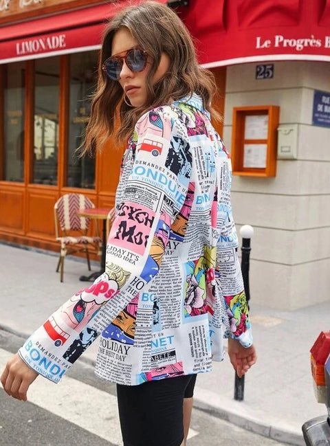 Newspaper printed  long sleeve short jacket / coat CODE: KAR965