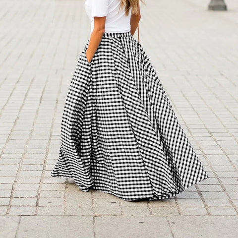 Long Check Zipper Pleated Maxi Skirts CODE: KAR966