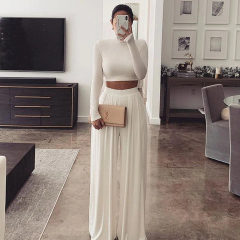 Long-Sleeved Crop Top Straight Wide-Leg Trousers Two-Piece Suit CODE: KAR970