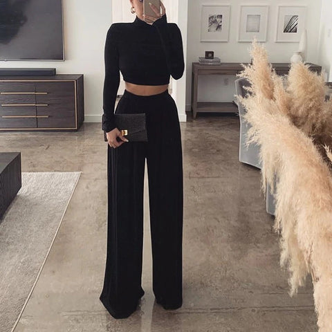 Long-Sleeved Crop Top Straight Wide-Leg Trousers Two-Piece Suit CODE: KAR970
