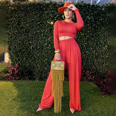 Long-Sleeved Crop Top Straight Wide-Leg Trousers Two-Piece Suit CODE: KAR970