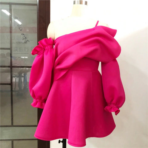 Long Puff Sleeve High Waist Ruffles Fuchsia Short Mini Dress CODE: KAR350