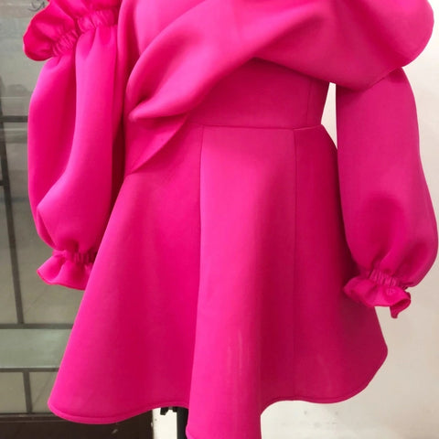 Long Puff Sleeve High Waist Ruffles Fuchsia Short Mini Dress CODE: KAR350