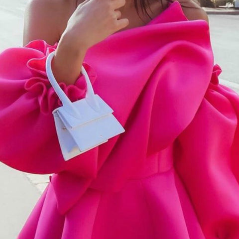 Long Puff Sleeve High Waist Ruffles Fuchsia Short Mini Dress CODE: KAR350