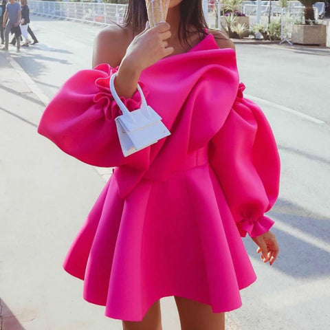 Long Puff Sleeve High Waist Ruffles Fuchsia Short Mini Dress CODE: KAR350