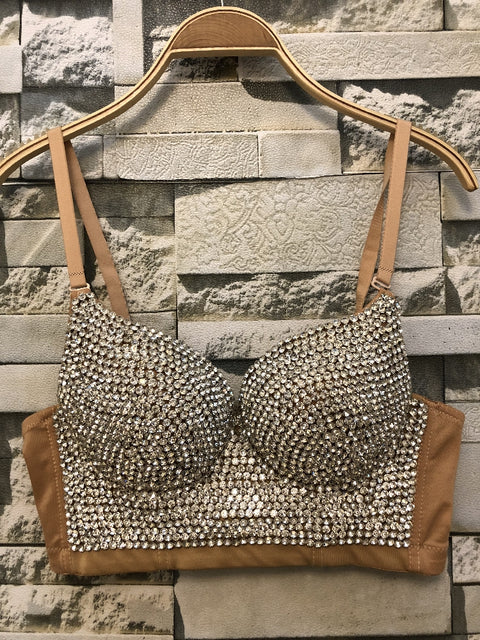 Rhinestone Gaga Bustier Pearls Push Up Night Club Bralette Bra Cropped Top CODE: KAR503