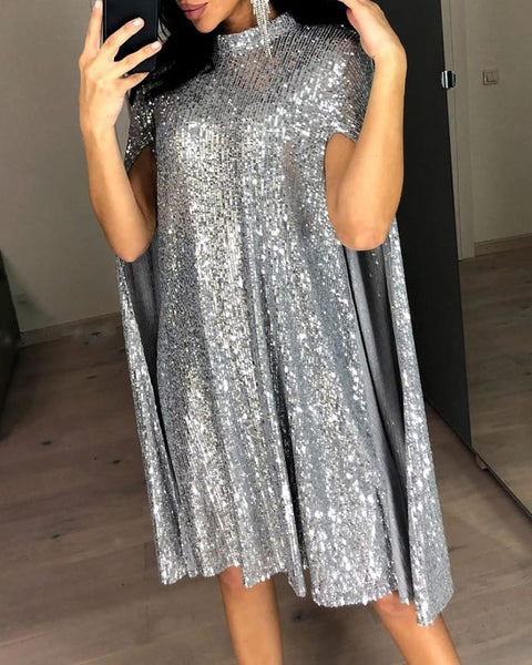 Glitter Mock Neck Cape Design Sequins Midi Night Party Club Dress CODE: KAR509