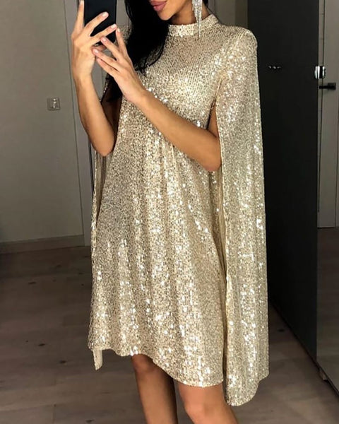 Glitter Mock Neck Cape Design Sequins Midi Night Party Club Dress CODE: KAR509
