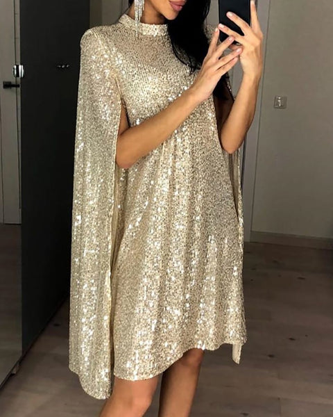 Glitter Mock Neck Cape Design Sequins Midi Night Party Club Dress CODE: KAR509