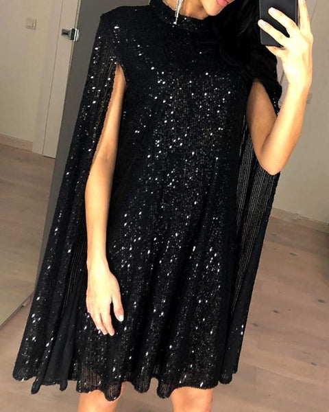 Glitter Mock Neck Cape Design Sequins Midi Night Party Club Dress CODE: KAR509