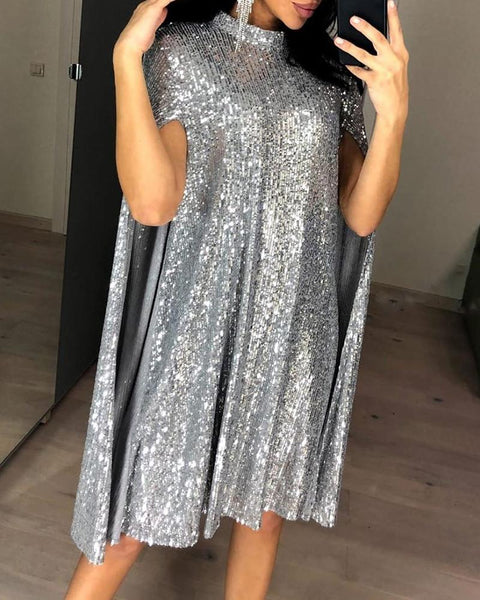 Glitter Mock Neck Cape Design Sequins Midi Night Party Club Dress CODE: KAR509