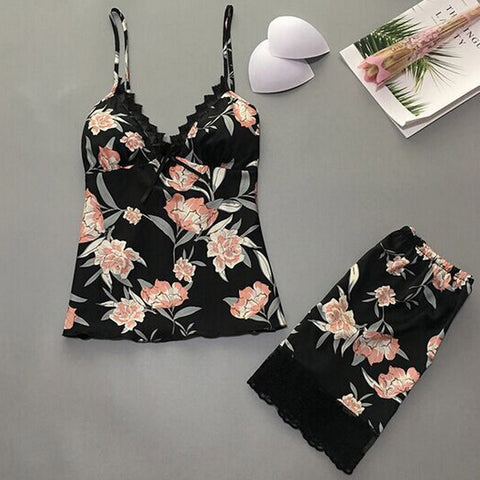 Pajamas Sets Sleepwear 2PCs Satin Lace Sleeveless Sexy Pajamas  CODE: KAR605