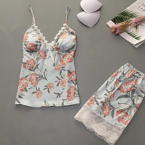 Pajamas Sets Sleepwear 2PCs Satin Lace Sleeveless Sexy Pajamas  CODE: KAR605